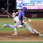 UF junior Justin Nadeau sprints to first base during the baseball game against the Seminoles in Tallahassee on March 11, 2025.